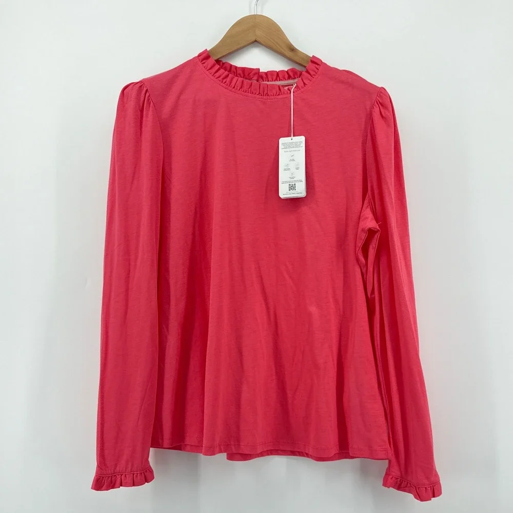 NWT Boden Supersoft‎ Frill Detail Top Coral Ruffle Puff Long Sleeve Top SZ 16/18
